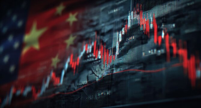 Blurry Chinese flag superimposed on a falling stock market graph