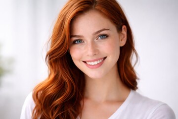 Naklejka premium Beautiful young woman with red hair and blue eyes smiling at camera against bright white background.