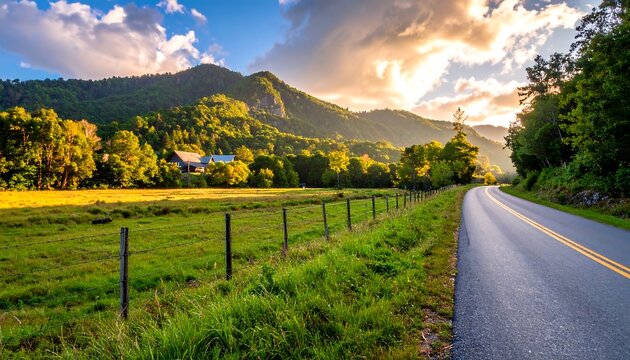 Rural scene featuring a road alongside a meadow and forest under a partly cloudy sky at golden hour