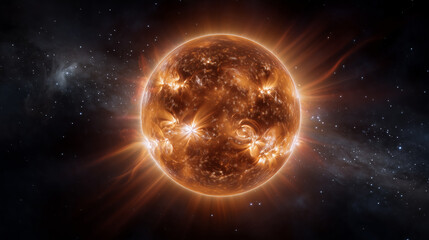 Obraz premium Luminous Solar Star with Plasma Surface, Cosmic Fireball in Outer Space, solar star, burning sun, stellar sphere, glowing plasma, outer space, astronomy, space background, fiery su