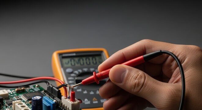 Hand using multimeter to measure electrical circuit components for successful AC installation concept.