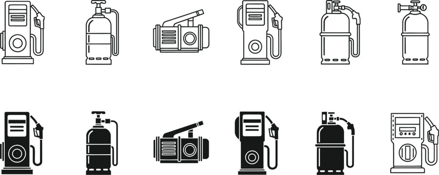 Black and white line art collection of various fire extinguishers