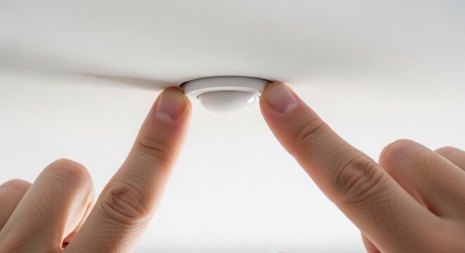 Hands adjusting air conditioning sensor on ceiling for optimal temperature control. Air conditioning system setup involves sensor adjustments for effective cooling and climate management.