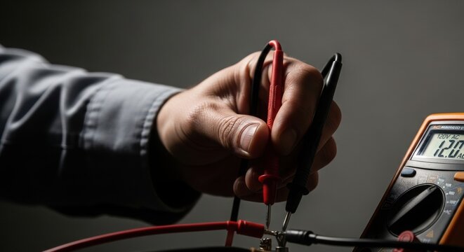 Electrician measuring voltage with multimeter in dark workshop. Skilled technician uses red and black leads to check electrical readings on voltmeter.