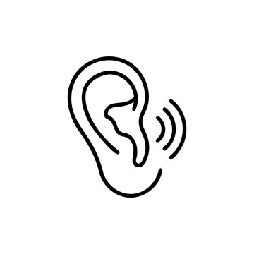 Simple line art icon of a human ear with sound waves
