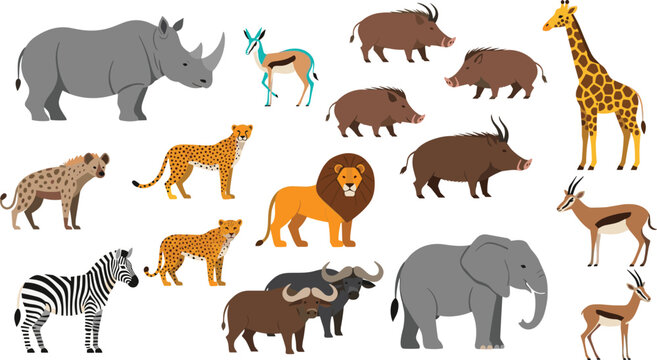 African Safari Animals Vector Illustration Set Featuring Elephant, Lion, Giraffe, Zebra, Rhino, Hyena, Warthog, Buffalo, Antelope, and Leopard in Flat Cartoon Style.