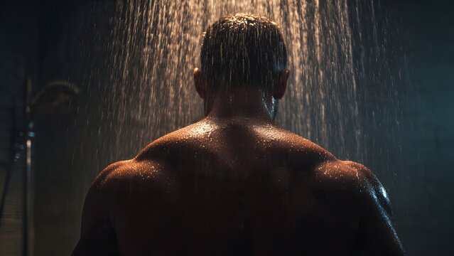 Muscular Back Under Shower Rainy Light