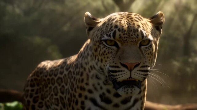 Leopard with intense gaze and spotted fur in natural habitat featuring big cat, wildlife, animal with mammal and carnivore elements for predator,