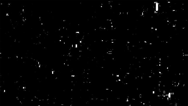 Glitchy black background with white noise and distorted pixels texture design isolated on transparent background