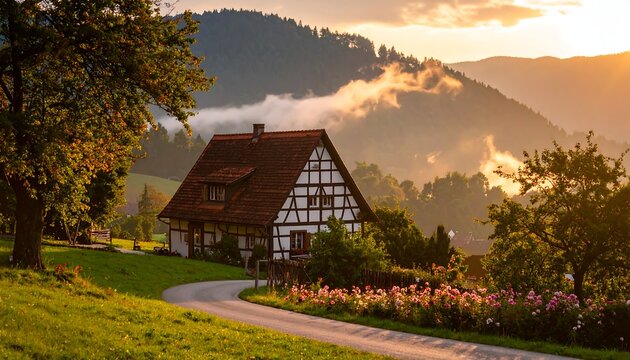 Rural timber-framed house nestled in a green, mountainous valley at sunset, with clouds