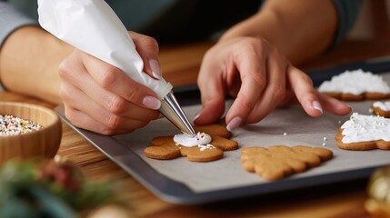 Obraz premium Hands decorating gingerbread cookies with white icing on baking tray for holiday season.
