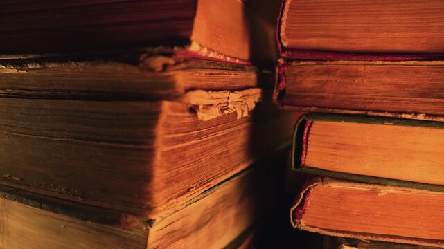 Macro View Of Saved Medieval Books With Ancient Writings. Religious Literature