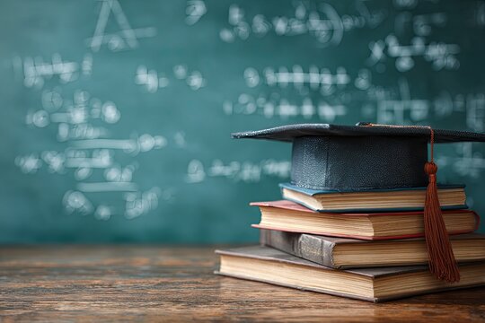 Graduation cap atop stacked books against a chalkboard with math equations