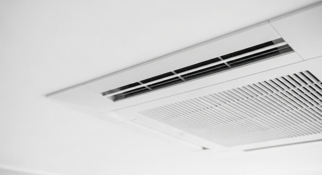Ceiling air conditioning unit installed in modern interior with vents shown clearly. Efficient air conditioning system assures comfort in residential and commercial spaces.
