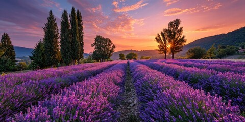 Obraz premium Vibrant lavender field bathed in golden sunset light with silhouetted trees