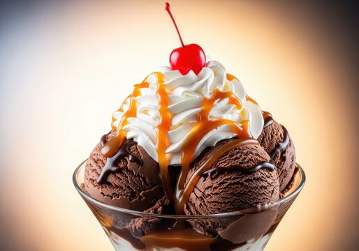 Delicious and rich chocolate fudge ice cream sundae served in a clear bowl, topped with whipped cream and sweet caramel sauce, frozen food, rich, delicious