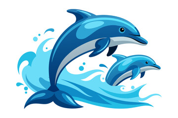 Obraz premium Dynamic vector illustration featuring two playful blue dolphins leaping gracefully through splashing ocean waves for a vibrant marine graphic design