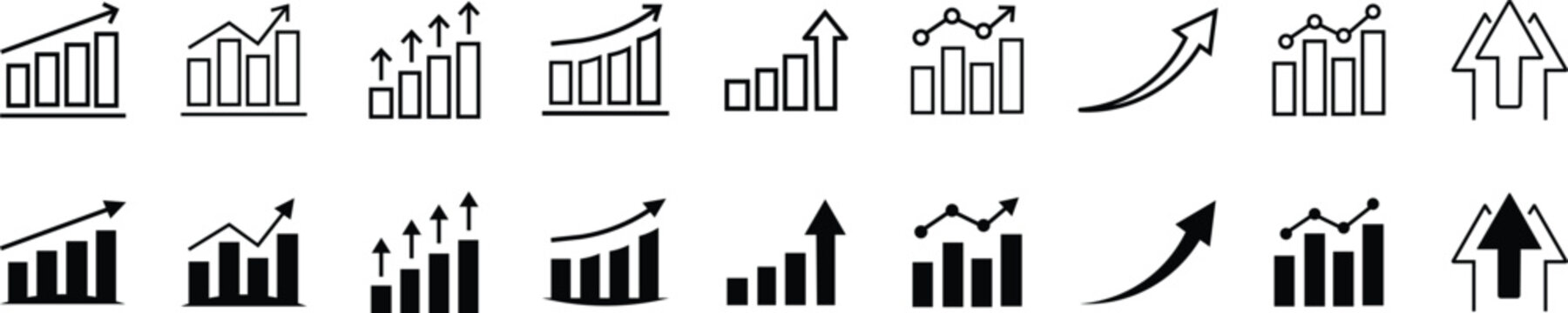 Diverse collection of business growth icons featuring different bar graph styles with ascending arrows representing statistical data trends and financial success vector.