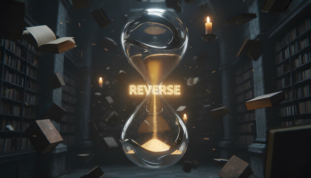 Hourglass with reverse glowing text and books flying in library