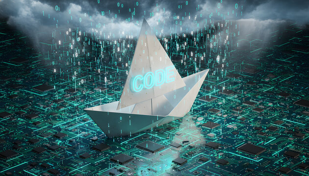 Origami boat with code sails on a sea of circuit boards and digital data