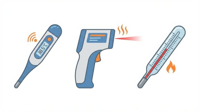 Digital thermometer showing 38 5 C an infrared temperature gun and a mercury thermometer indicating high fever