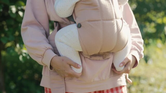 Baby Legs In Ergonomic Carrier Showing Correct M Position, Safe Babywearing.