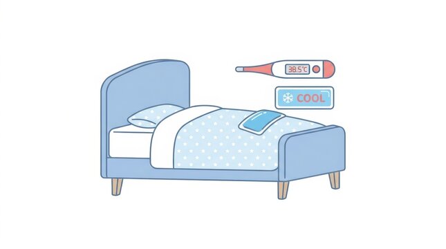 Cartoon illustration of a bed with a cooling gel pad and a digital thermometer showing 38 5 C A 'COOL' sign