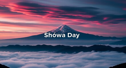 Showa Day greeting card with volcanic mountain peak, majestic sunrise over sea of clouds, pink and purple sunset sky background
