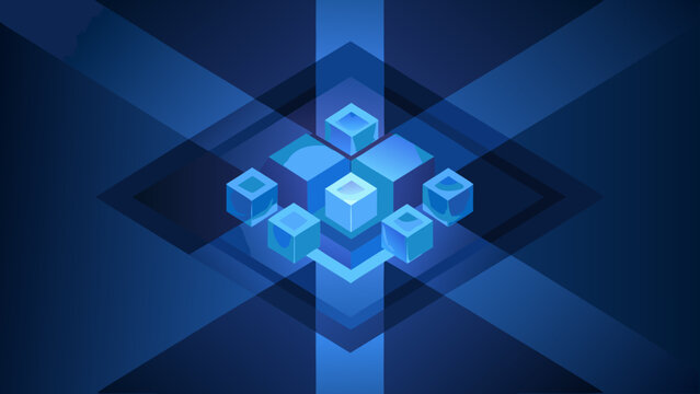 Abstract geometric composition featuring stacked glowing blue cubes