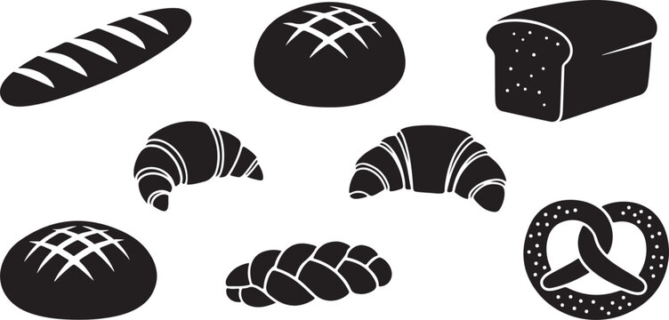 Variety of bread types in black and white illustration