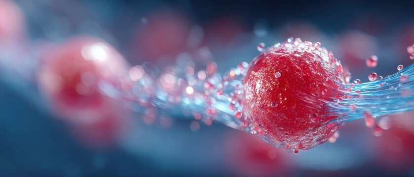 Abstract illustration of red molecules connected by blue strands in motion