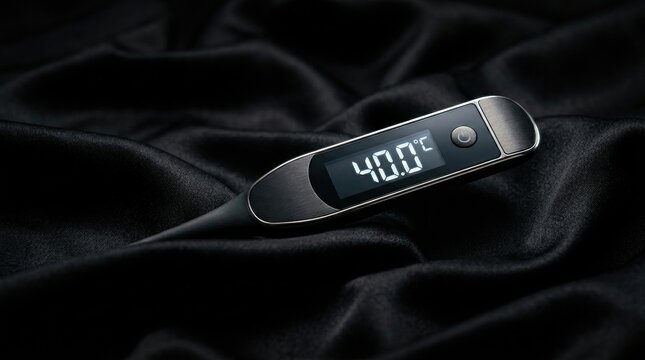 A sleek black digital thermometer displays a high reading of 40 0 C on a dark rippling satin fabric background