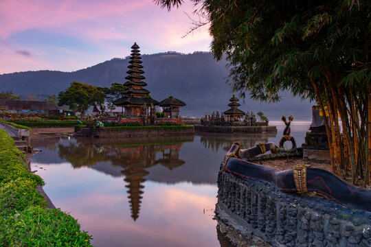 Sunrise over Pura Ulun Danu Bratan in Bedugul Bali Indonesia