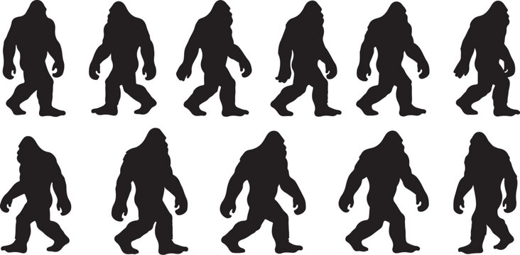 Bigfoot walking in various poses silhouettes on white background