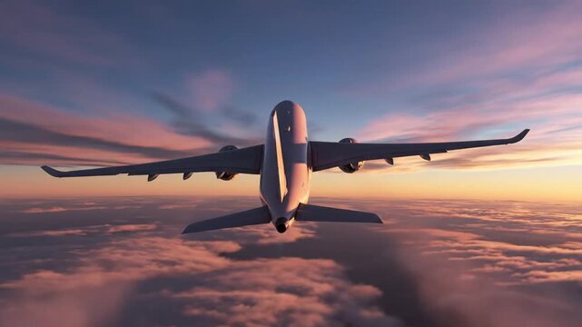 Airplane flying at sunset.