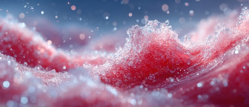 Close-up of pink ocean waves with bubbles and sparkling water droplets
