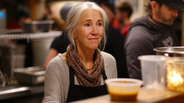 Older white woman serving soup at a shelter counter, warm candlelit atmosphere, crowded dining hall, authentic unposed commercial photography