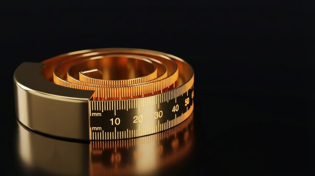 Golden coiled measuring tape showing clear millimeter markings and numerical scales on a dark reflective background
