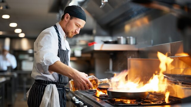 Professional chef flambes food in a hot skillet over open flame in a busy commercial kitchen.