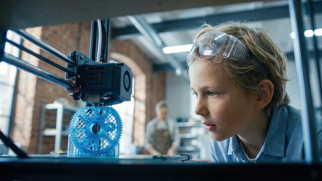 Curious boy watches 3D printer create a gear, exploring technology and innovation.