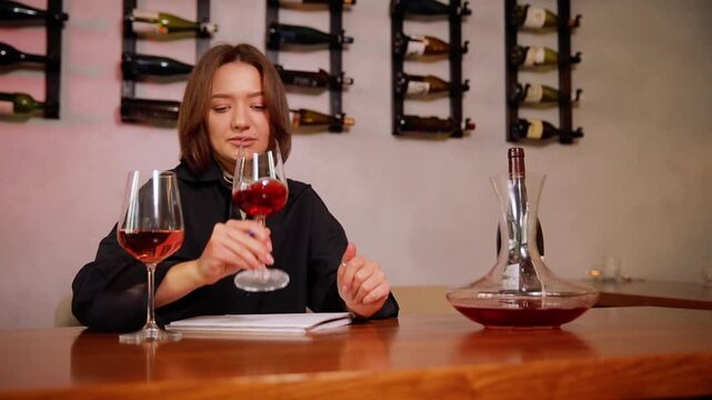 Professional sommelier evaluating red wine aroma and flavor notes with decanter and tasting glasses in elegant cellar