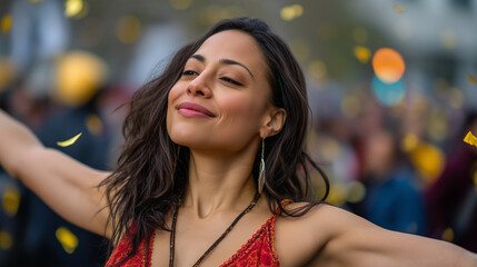 Fototapeta premium Latina girl dancing solo during spring cultural street celebration, confetti in air, golden hour, crowd scene background