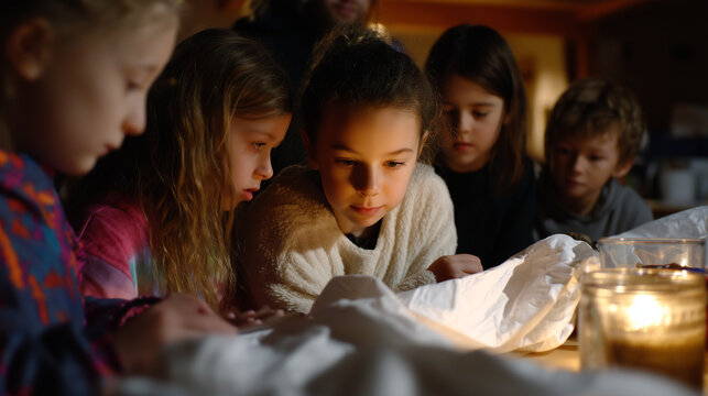 Children crowded around a table building a blanket fort structure, warm indoor lamplight, playful chaos, family documentary feel