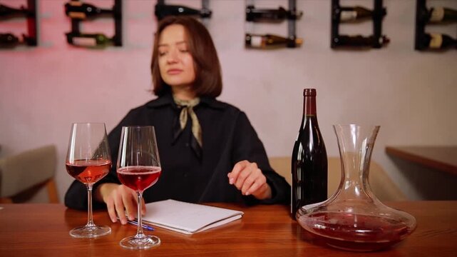 Woman sommelier evaluating different rose wines and writing tasting notes during a professional degustation on a wooden table