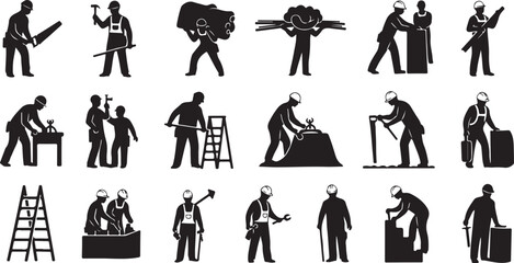 Obraz premium Construction Workers Silhouettes at Various Job Sites and Tasks