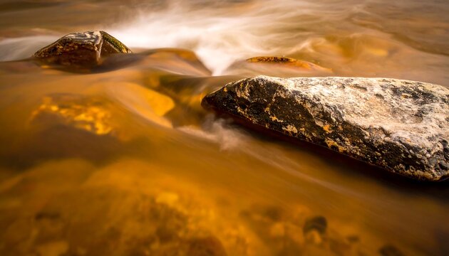 Rushing creek water blurs as it flows among rocks, stones, and gravel in a shallow riverbed with golden-brown undertones