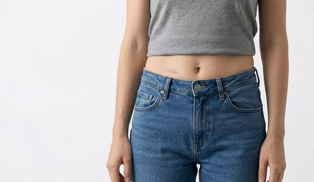 Close-up of a female abdomen showing a small appendicitis surgical scar