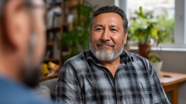 Middle-aged Latino man speaking openly with therapist in warm modest home office, afternoon window light, tender and trusting atmosphere