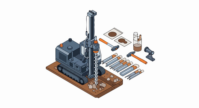 Isometric Geotechnical Drilling Rig and Soil Sampling Equipment Set for Geological Survey and Engineering Site Investigation