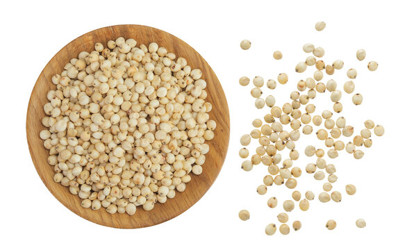 Sorghum seeds in wooden bowl isolated on white background. Top view. Flat lay.